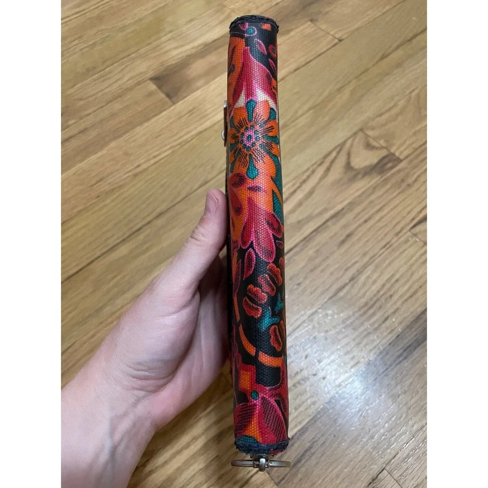 Fossil Floral Wallet Clutch Coated Canvas Orange Pink Teal‎ Black Zip Around